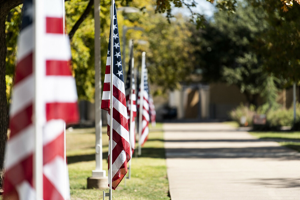 sidewalk with American flags