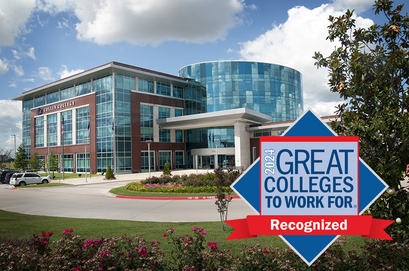 Exterior of the Collin Higher Education Center with Great Colleges to Work For logo on the right side of the photo