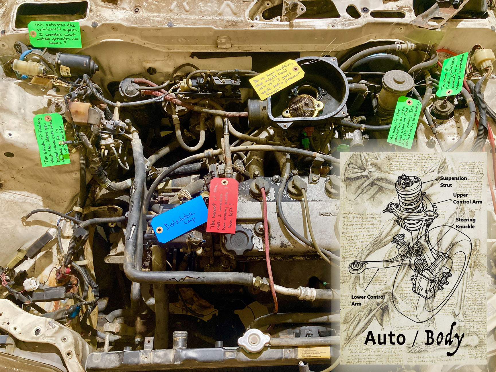 A piece from Sue Anne Rische's exhibition, Auto/Body shows tags on different parts of an engine. The image has an inset of the exhibition's show card with the title of the show and a schematic of a car's wheel structure over an human anatomy drawing.