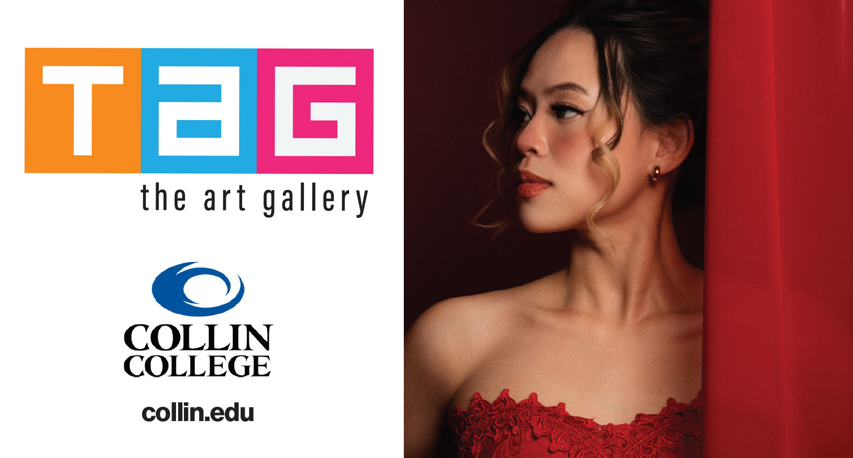 A composite image of The Art Gallery logo, the Collin College logo, and a photo that will be displayed in the exhibition being promoted. The photo is of a woman in a red dress looking off to the side next to a red curtain.