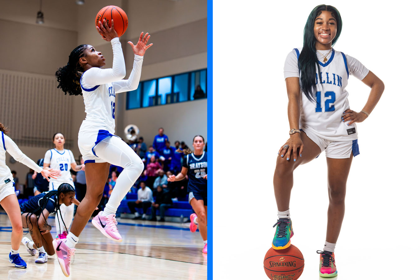 (Left side) Alisha Nunley goes up for a layup; (Right side) Nunley stands with her foot on a basketball.