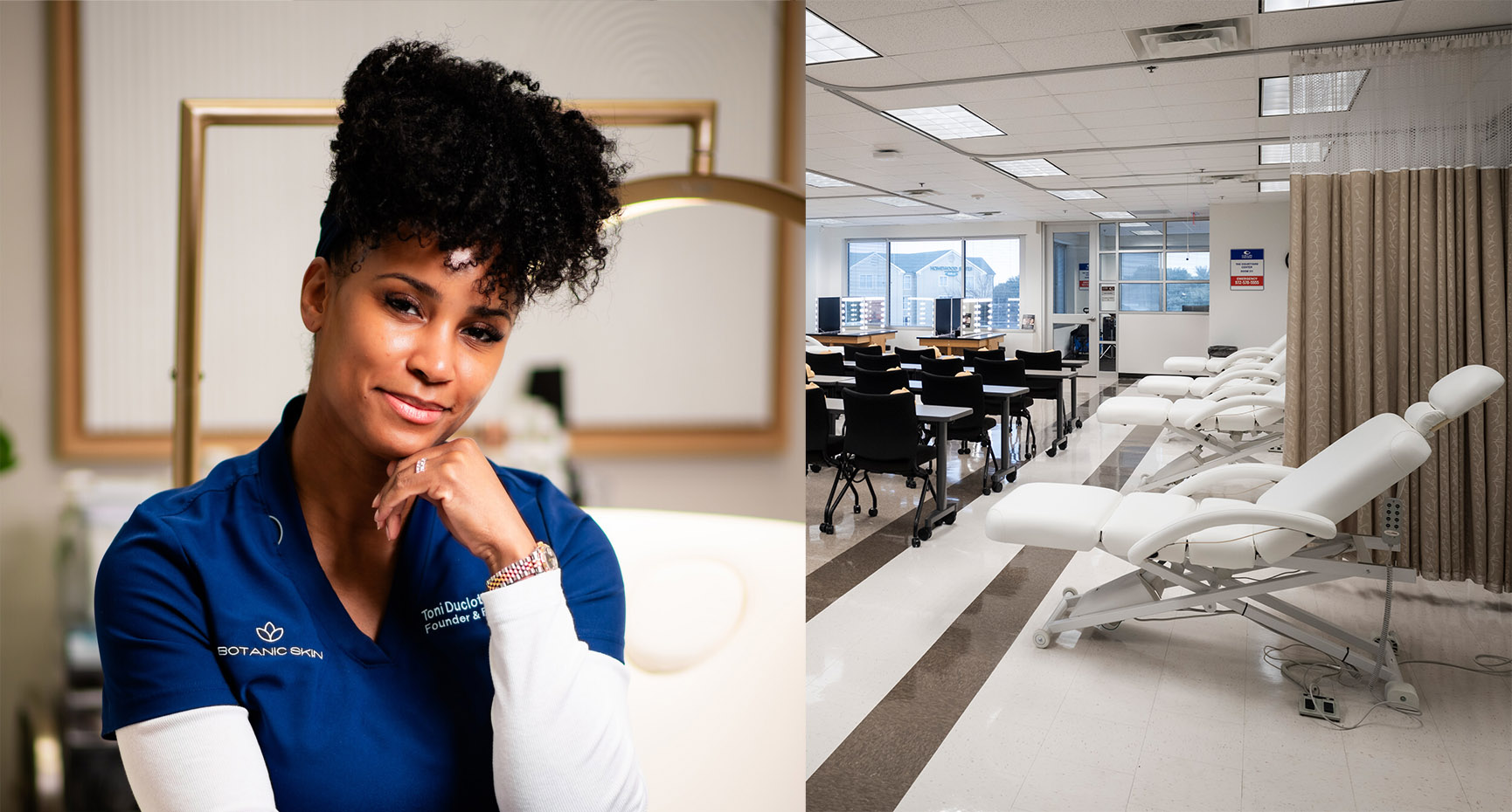 African American female head and shoulder photo with another image of room filled with chairs