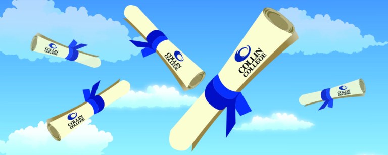 Illustrated graphic of five Collin College diplomas floating in the sky.
