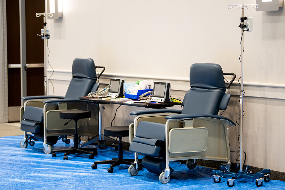 An image of two infusion chairs at the Regional Infusion Center to help treat COVID-19 patients in North Texas at the Collin College McKinney Campus Conference Center.