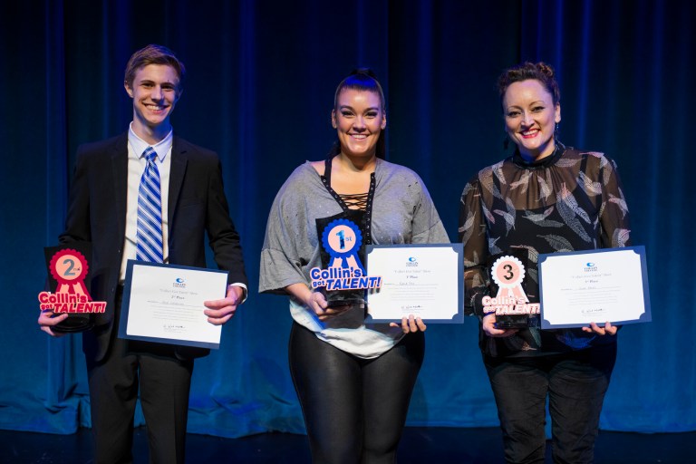 Collin's Got Talent 2021 winners, Kyle Cornelison (second place), Kayla Fryz (first place), and Gina Haley (third place), posing with their awards.