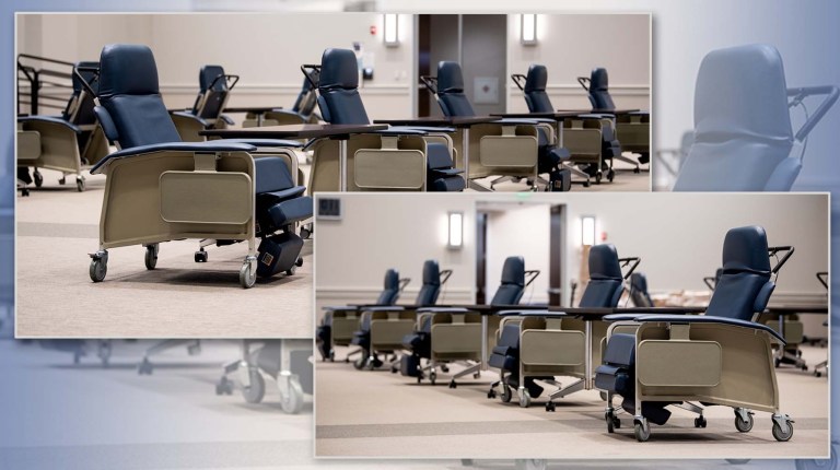 A row of infusion chairs used for COVID-19 treatment is set up at the McKinney Campus.