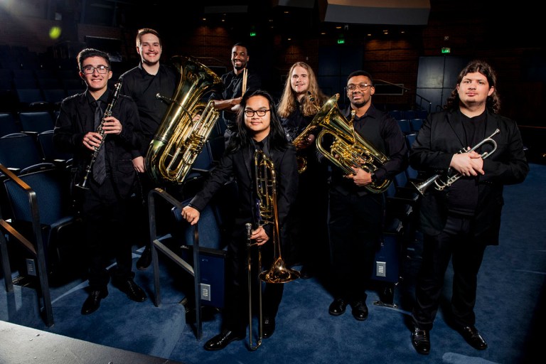 Collin College students selected as part of the All-State music ensembles are (from left): Dawson Hatton, Wyatt Hayes, Wesley Price, Brandon Trinh, Noah Hawkins, Marc-Anthony Lord, and Adam Plummer.