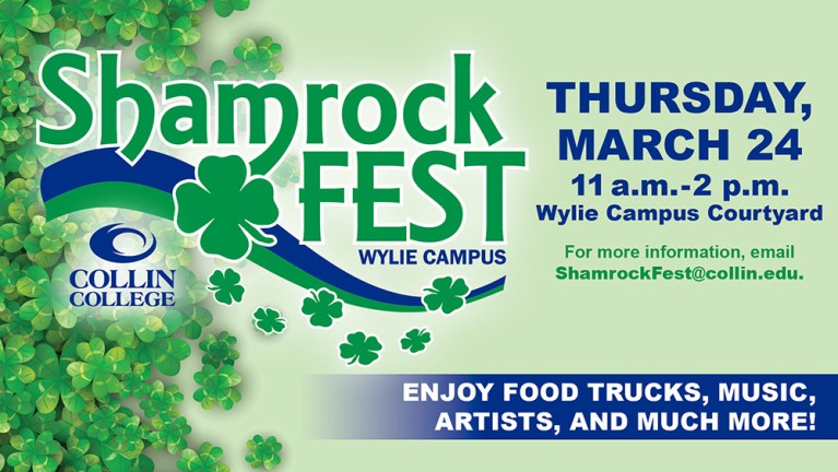 Flyer for Shamrock Fest: Thursday, March 24 11am - 2pm at the Wylie Campus