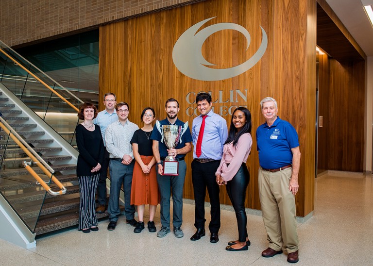 Five Collin College students made up a team that took first place in the Fifth Annual ISACA North Texas 2022 Collegiate Case Competition. Students are pictured here with their advisors and representative from ISACA. From left: Professor Alena Funtikova-White, ISACA Case Representative Jay Demmler, Mattew Daley, Nghi Nguyen, Miles McCready, Khagendra Pokharel, Mariah Hunt, and Professor Rick Brunner.