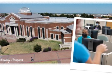 Wide shot of the McKinney Campus Library and a glimpse inside of classroom