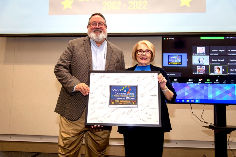 Collin College District President Dr. Neil Matkin and Formeer Executive Director of Emerging Technology Grants at Collin College Dr. Ann Beheler pose in celebration of 20 years of the Working Connections Faculty Development Institute.