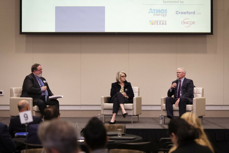 (Left to right) Collin College District President Dr. Neil Matkin served as the moderator for a keynote address about education, accountability, and the future workforce with Former U.S. Secretary of Education and President and Chief Executive Officer of Texas 2036 Margaret Spellings and Texas Instruments Chairman, President, and Chief Executive Officer Rich Templeton, at the inaugural Collin Leadership Policy Summit.