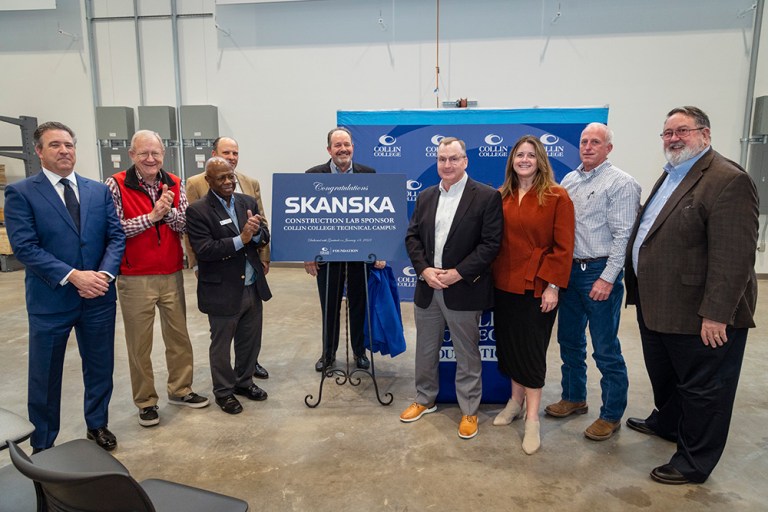 The Collin College Foundation honored construction firm Skanska for a $50,000 sponsorship of the Construction Lab at the college Technical Campus in Allen. Pictured are (left to right) Collin College Foundation board members Matt Ford and Shep Stahel, Collin College trustees Fred Moses and Jay Saad, Foundation board chair David Downs, Skanska officials Dennis Yung, Kimberly Burke and Joe Lindemann as well at Collin College district president Dr. H. Neil Matkin